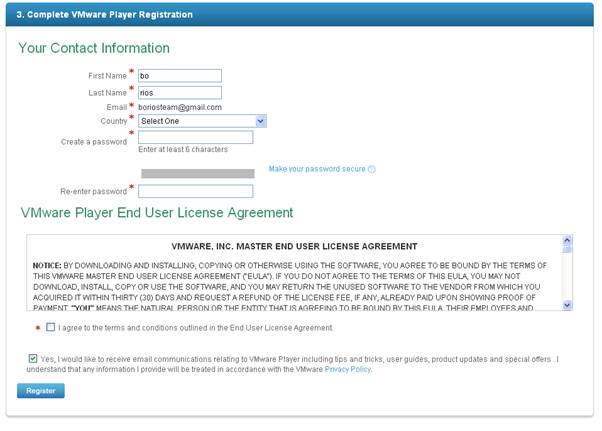VMware Player의 등록 페이지