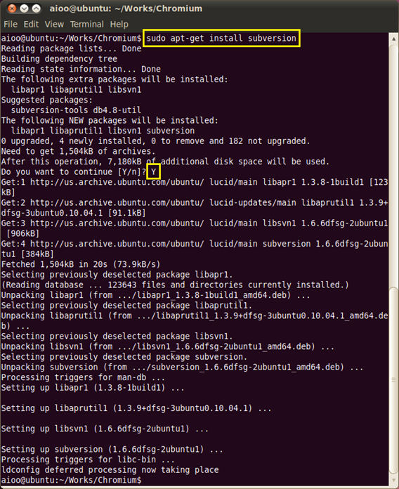 Subversion이 설치되는 모습