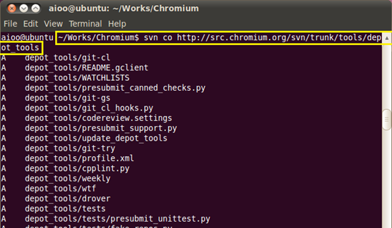 svn을 이용해서 파일들을 받아오는 모습